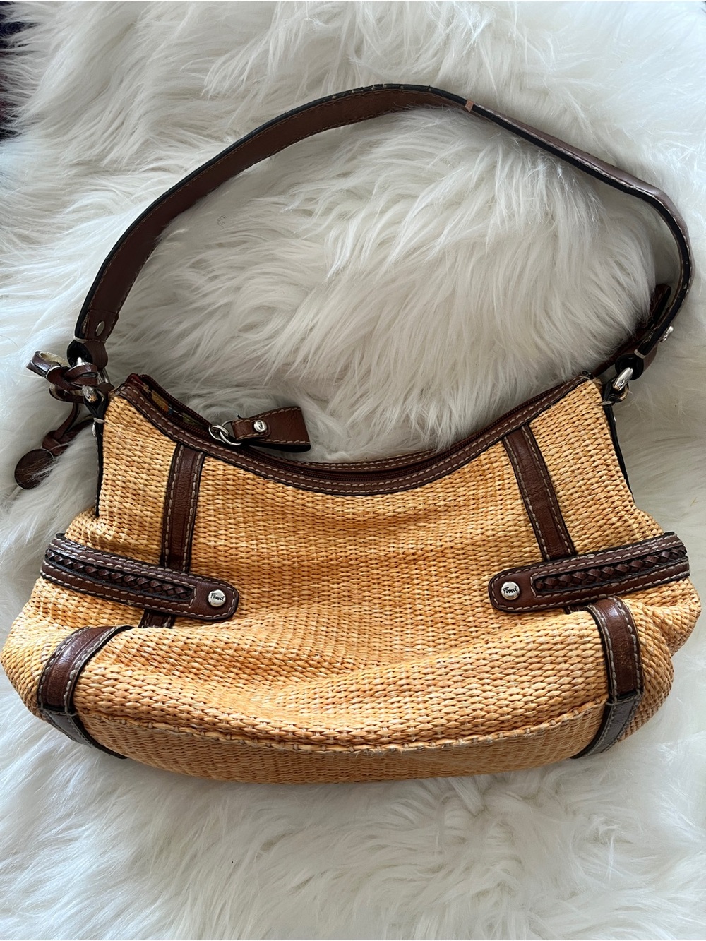 Fossil smooth Straw Shoulder Bag with Brown Leather Trim
